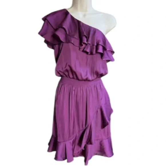 White House Black Market Sz 6 Ruffled One Shoulder Purple Blouson Cocktail Dress - Picture 6 of 11